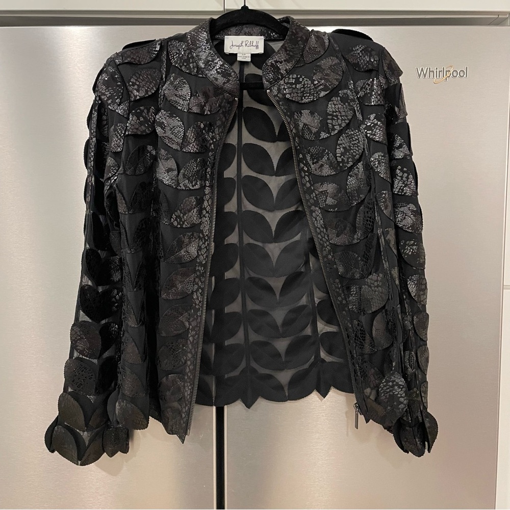 Joseph Ribkoff Black Leaf Pattern Jacket Faux Lea… - image 1